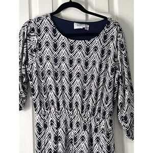 Jody California Navy White Geometric Chevron Midi Dress Elastic Wst Large 12950M
